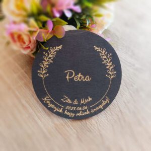 Antracit esküvői ültetőkártya, poháralátét, köszönőajándék - kerek, testreszabható