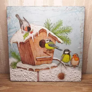 Cinke és vörösbegy az etetőnél kép 16x16 cm