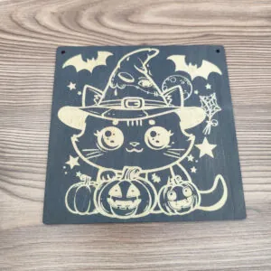 Halloween tábla, ajtódísz - cica, gravírozott